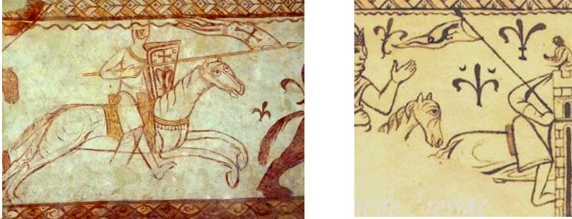 Saint Georges à cheval attaque le Dragon qui avançait sur lui. il brandit sa lance avec vigueur et l'abat à terre. La Légende Dorée ; Jacques de Voragine